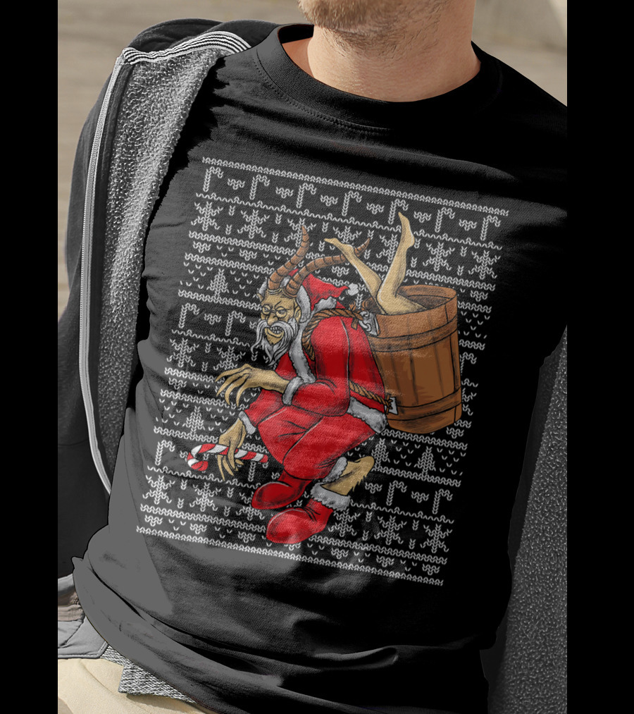 Krampus Ugly Christmas Sweater-Style Santa With Barrel And Candy Cane T-Shirt