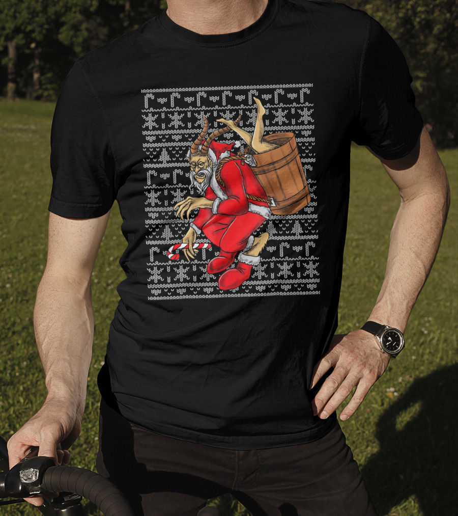 Krampus Ugly Christmas Sweater-Style Santa With Barrel And Candy Cane T-Shirt