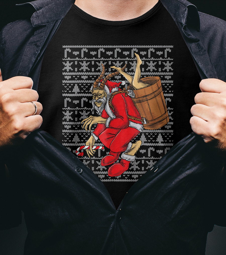 Krampus Ugly Christmas Sweater-Style Santa With Barrel And Candy Cane T-Shirt
