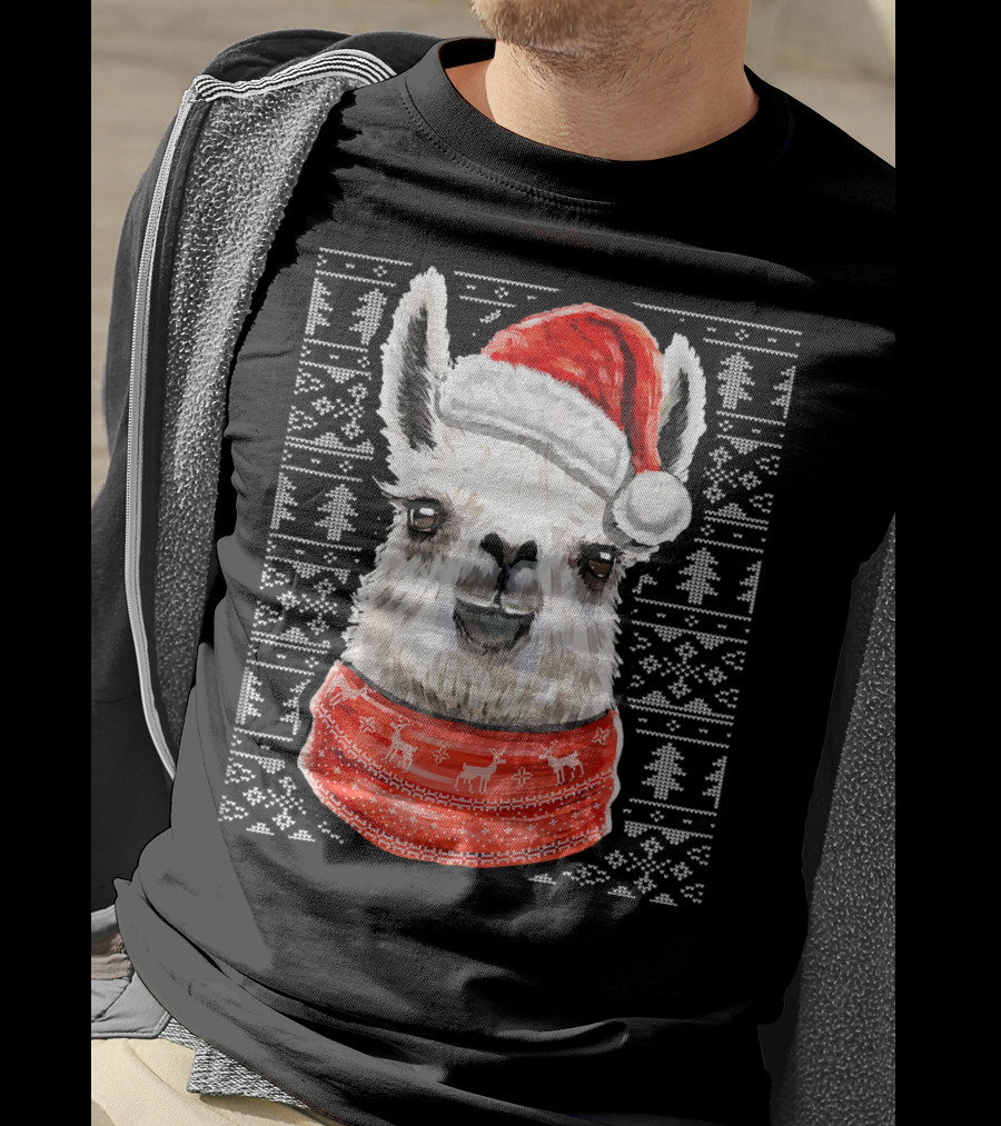 Ugly Christmas Llama Sweater With Santa Hat Festive T-Shirt
