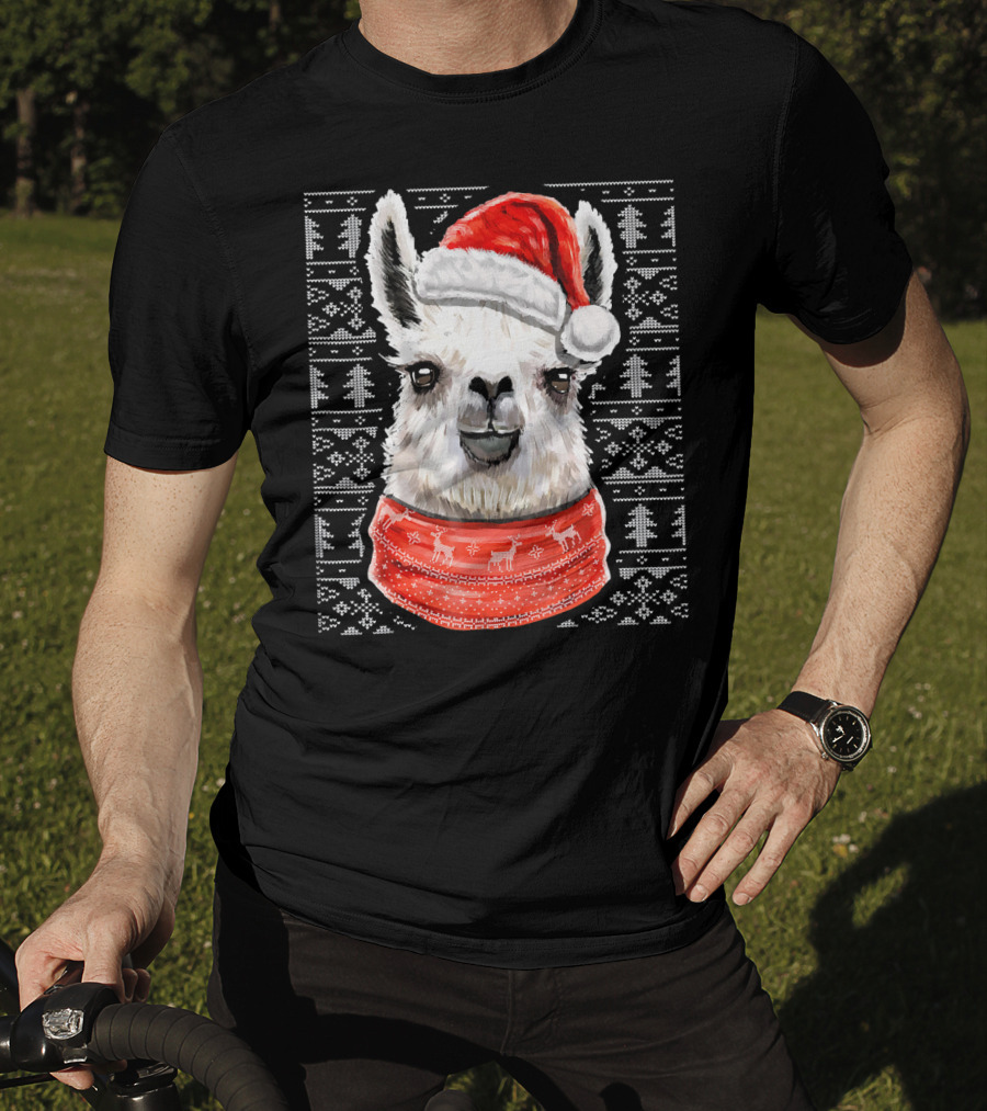 Ugly Christmas Llama Sweater With Santa Hat Festive T-Shirt