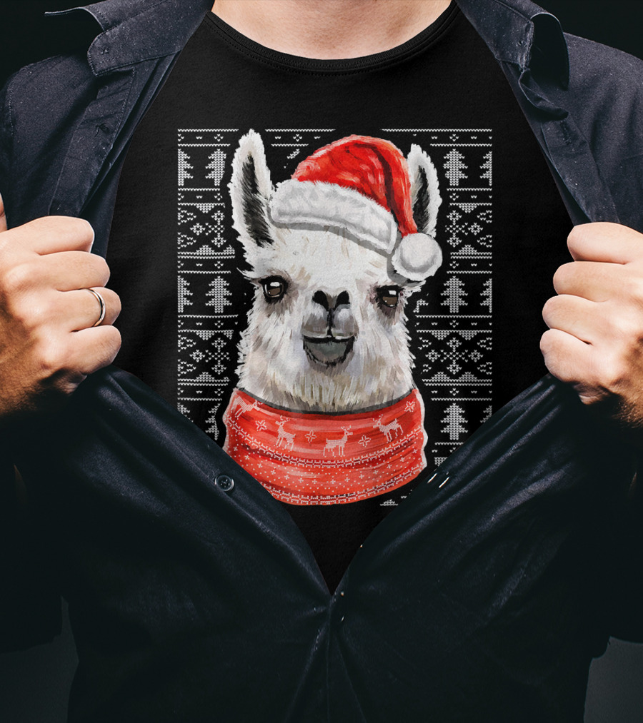 Ugly Christmas Llama Sweater With Santa Hat Festive T-Shirt