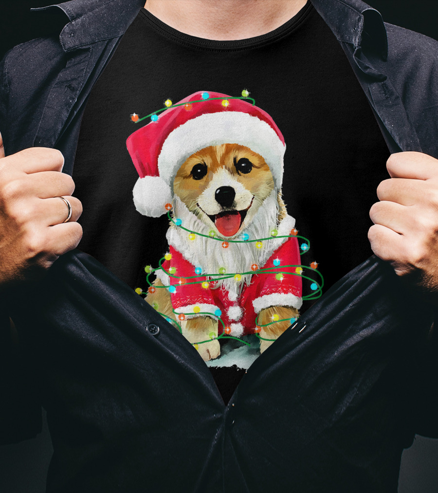 Festive Christmas Corgi Santa With Holiday Lights Corgmas San T-Shirt
