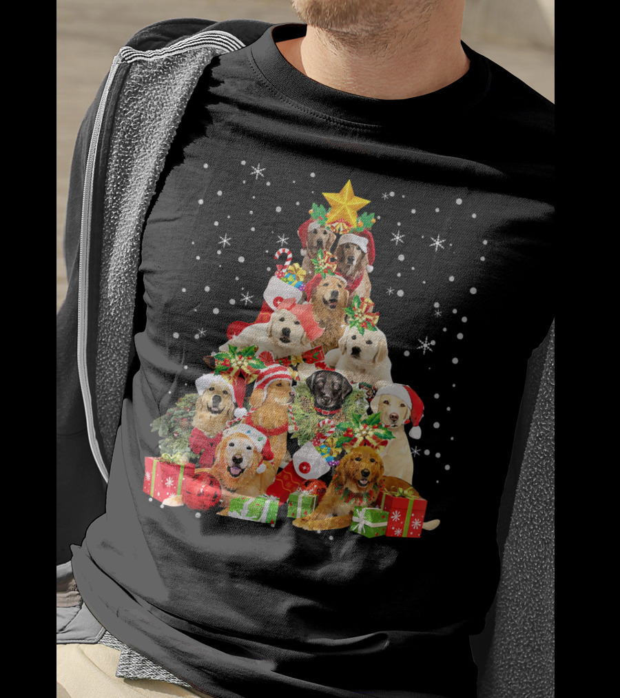 Golden Retriever Christmas Tree With Santa Hats And Presents T-Shirt