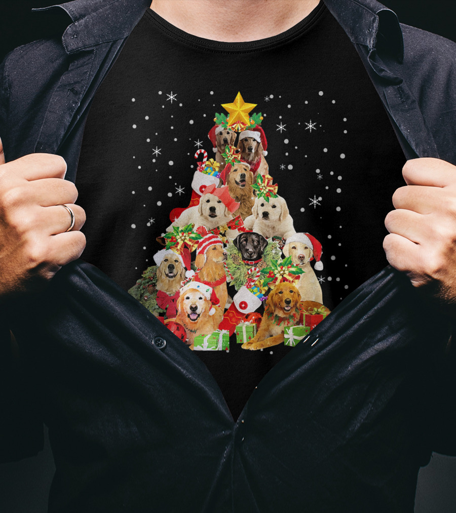 Golden Retriever Christmas Tree With Santa Hats And Presents T-Shirt