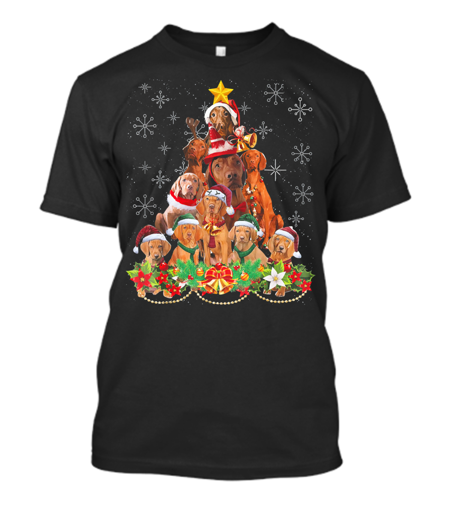 Vizsla Christmas Tree With Dogs Santa Hats Snowflakes And Holly T-Shirt