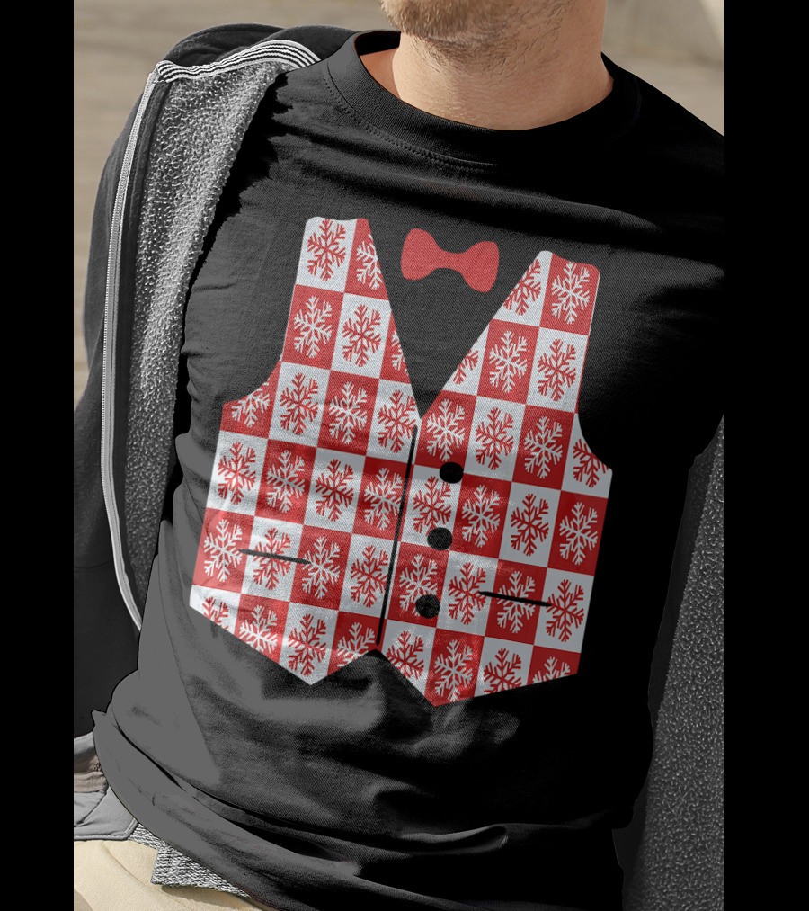 Red And White Snowflake Vest With Bow Tie T-Shirt