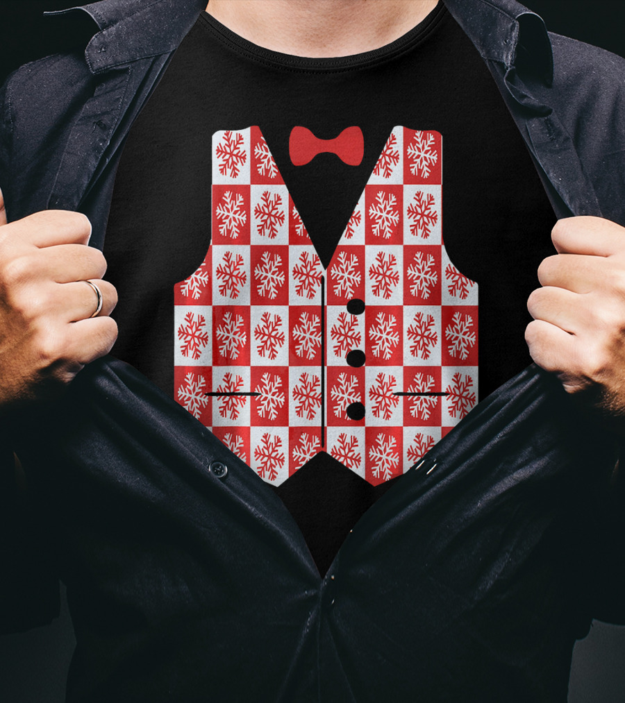 Red And White Snowflake Vest With Bow Tie T-Shirt