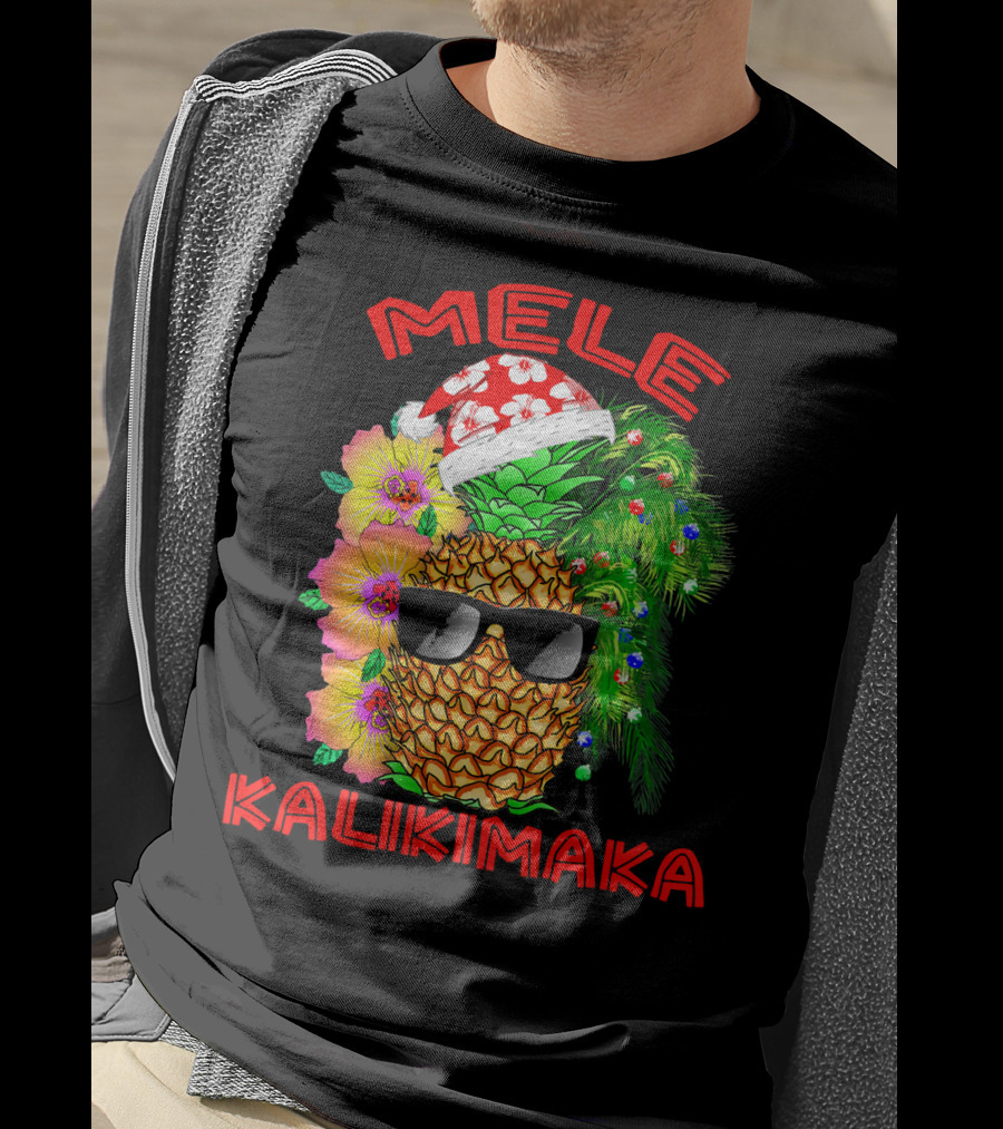 Mele Kalikimaka Hawaiian Christmas Pineapple Santa Hat Sunglasses Flowers T-Shirt