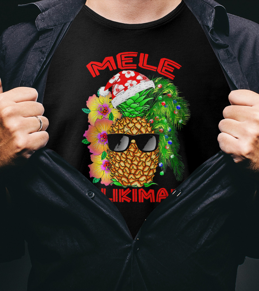 Mele Kalikimaka Hawaiian Christmas Pineapple Santa Hat Sunglasses Flowers T-Shirt