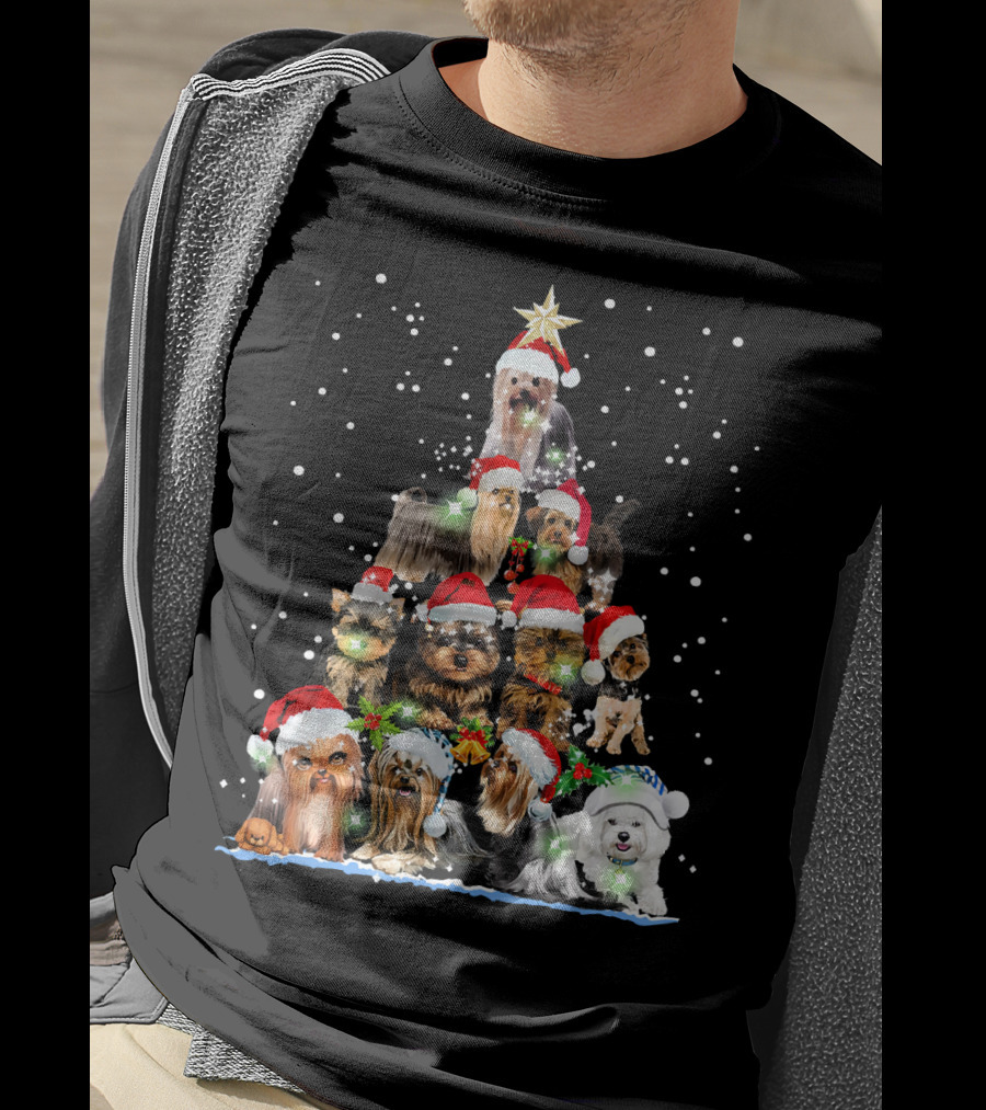 Yorkie Christmas Tree Santa Hats Dogs Snowflakes T-Shirt