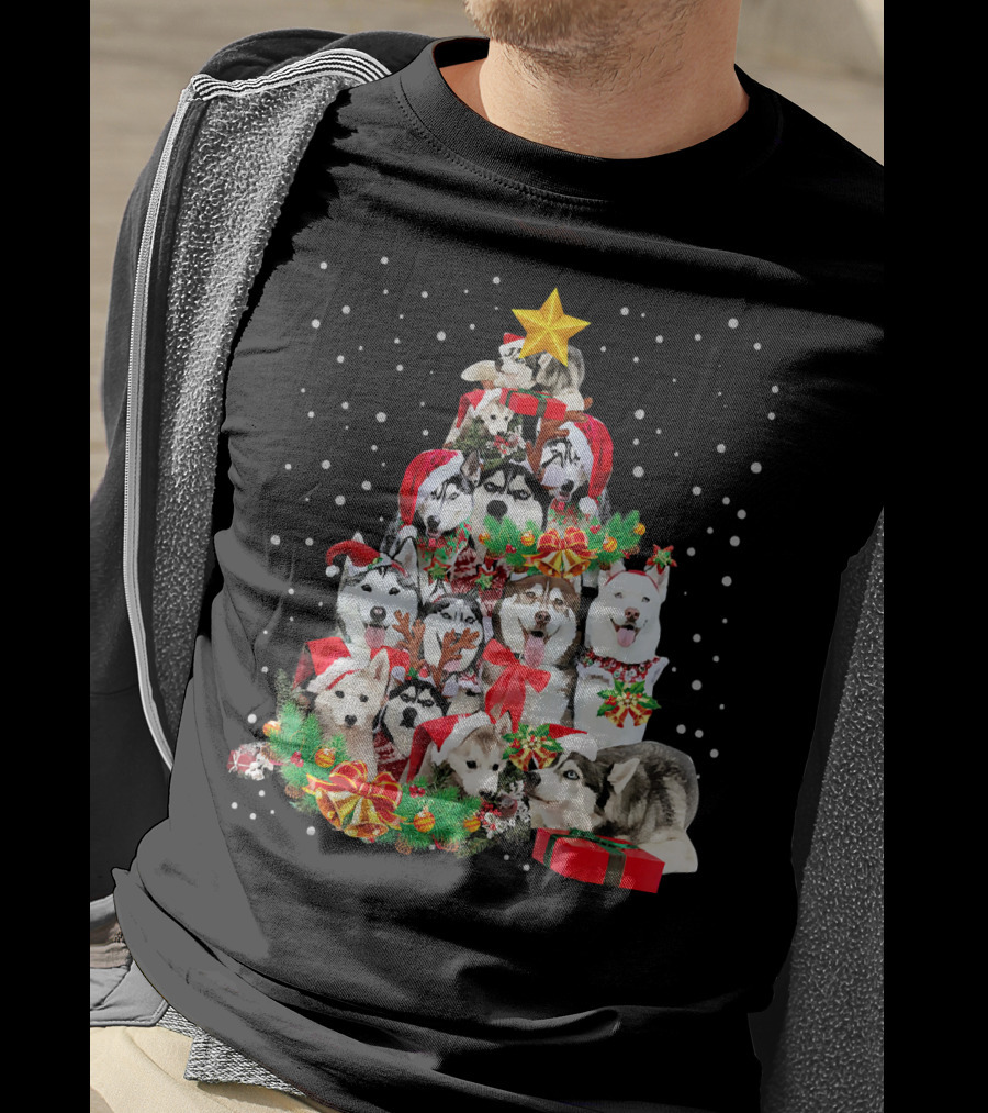 Siberian Husky Christmas Tree Festive Holiday Dogs With Gifts And Star T-Shirt