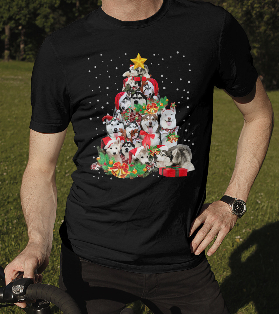 Siberian Husky Christmas Tree Festive Holiday Dogs With Gifts And Star T-Shirt