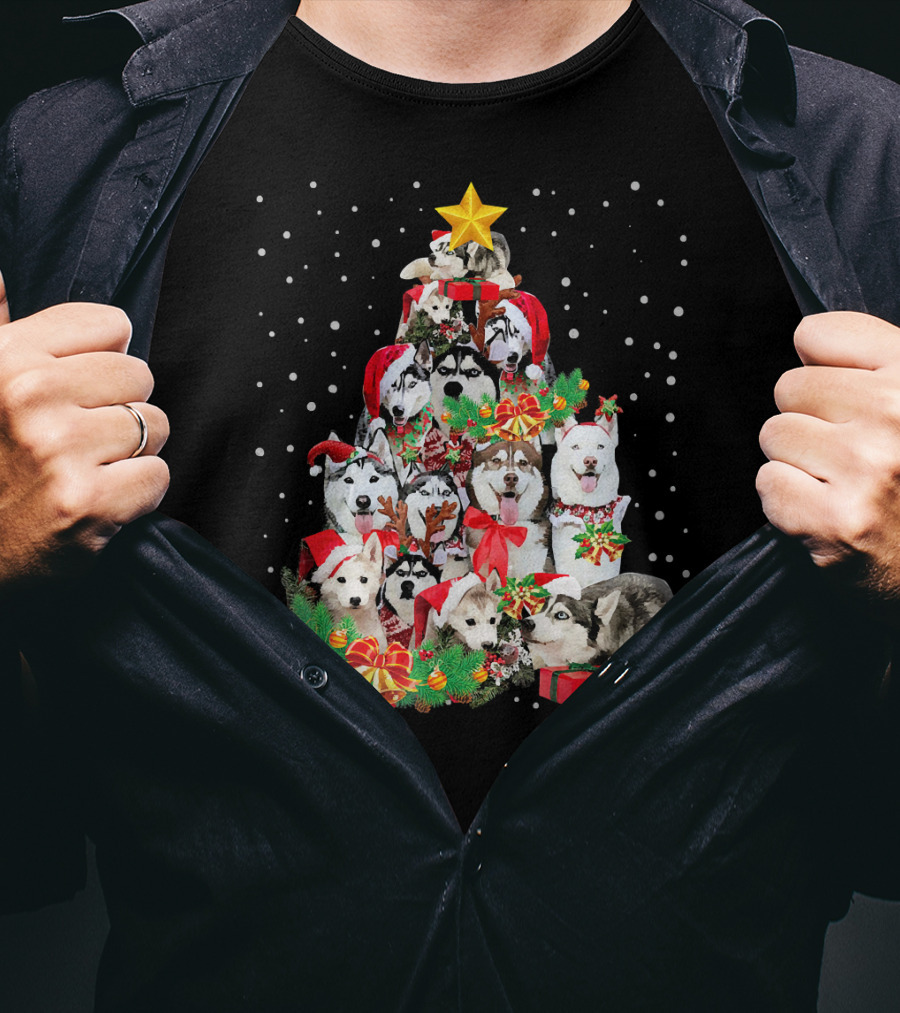 Siberian Husky Christmas Tree Festive Holiday Dogs With Gifts And Star T-Shirt