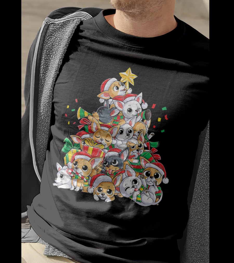 Chihuahua Christmas Tree Festive Dogs With Santa Hats And Presents T-Shirt