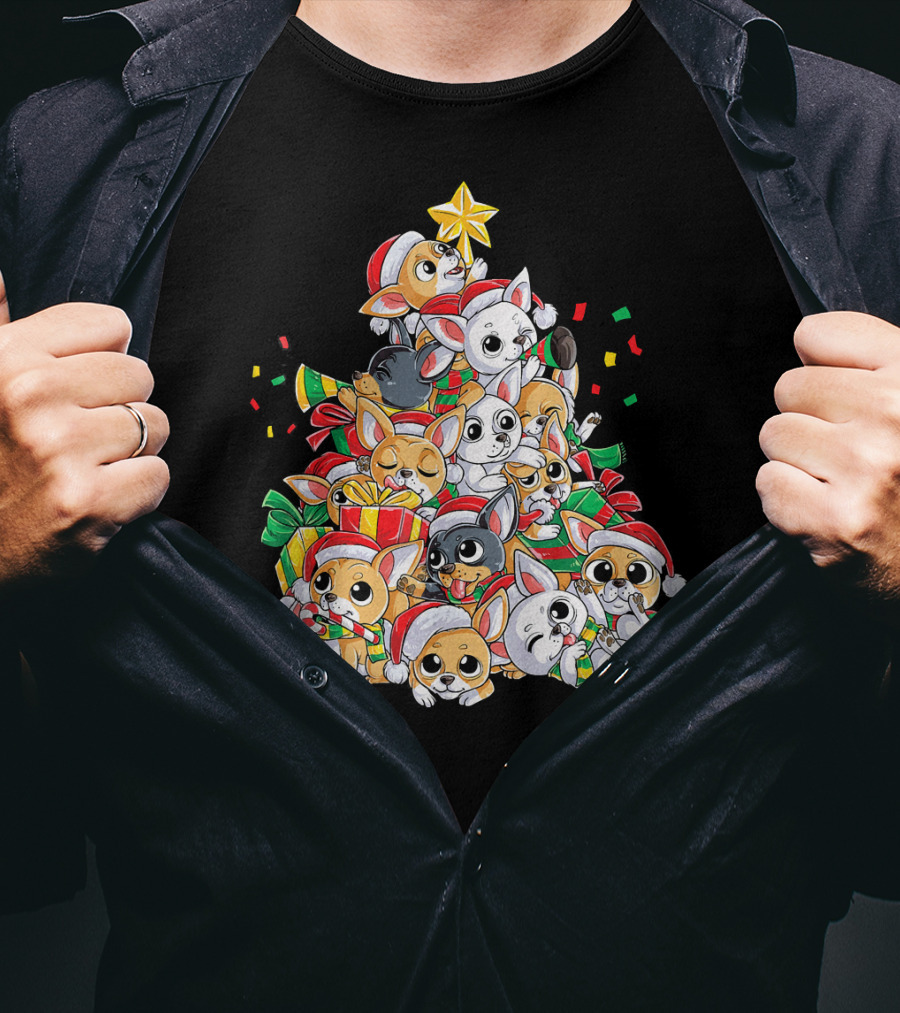 Chihuahua Christmas Tree Festive Dogs With Santa Hats And Presents T-Shirt