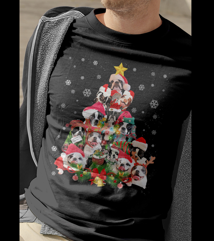 Boston Terriers Christmas Tree Snowflakes And Santa Hats T-Shirt