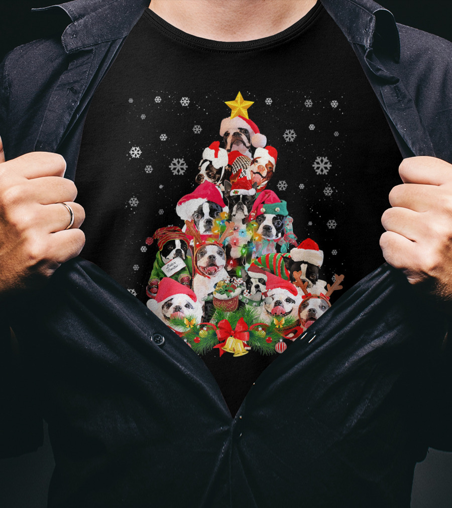 Boston Terriers Christmas Tree Snowflakes And Santa Hats T-Shirt