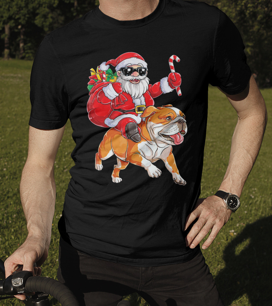 Santa Riding English Bulldog Christmas College Holiday T-Shirt