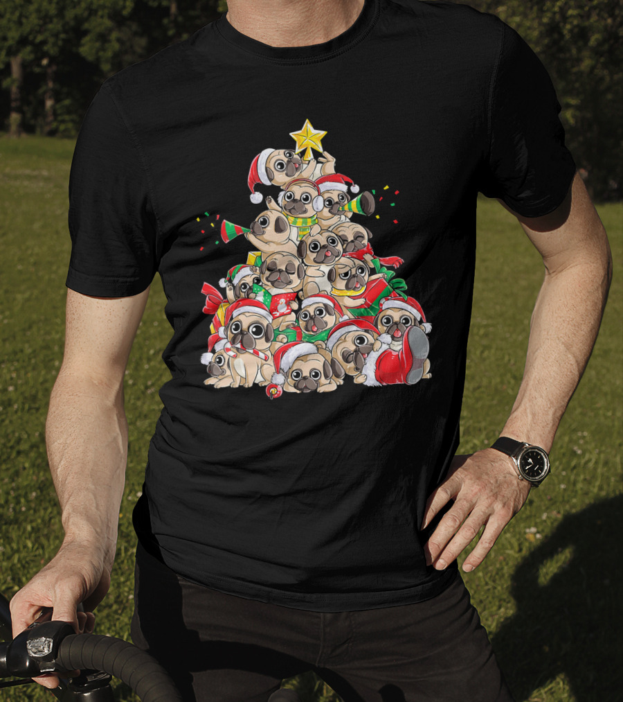 Merry Pugmas Christmas Tree With Pugs In Santa Hats T-Shirt