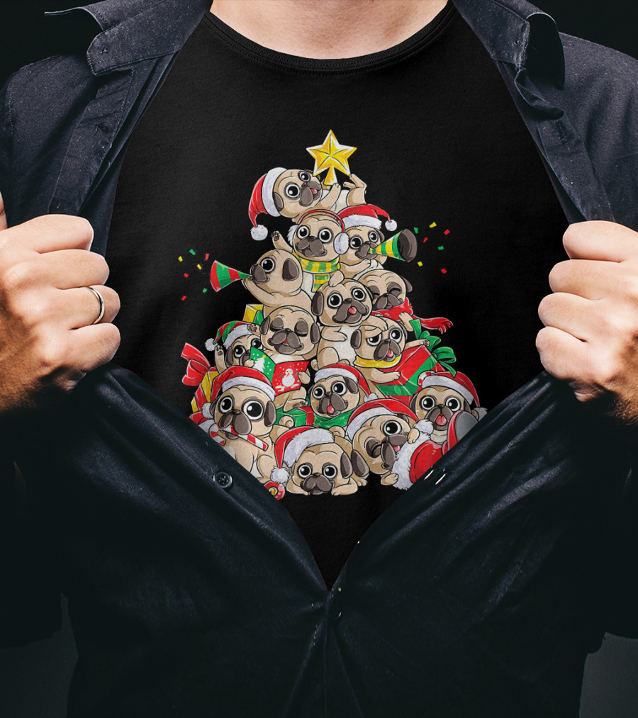 Merry Pugmas Christmas Tree With Pugs In Santa Hats T-Shirt