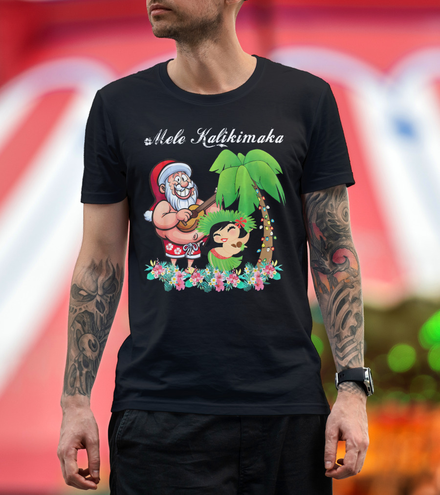 Mele Kalikimaka Christmas Santa Hawaii with Hula Dancer and Palm Tree T-Shirt