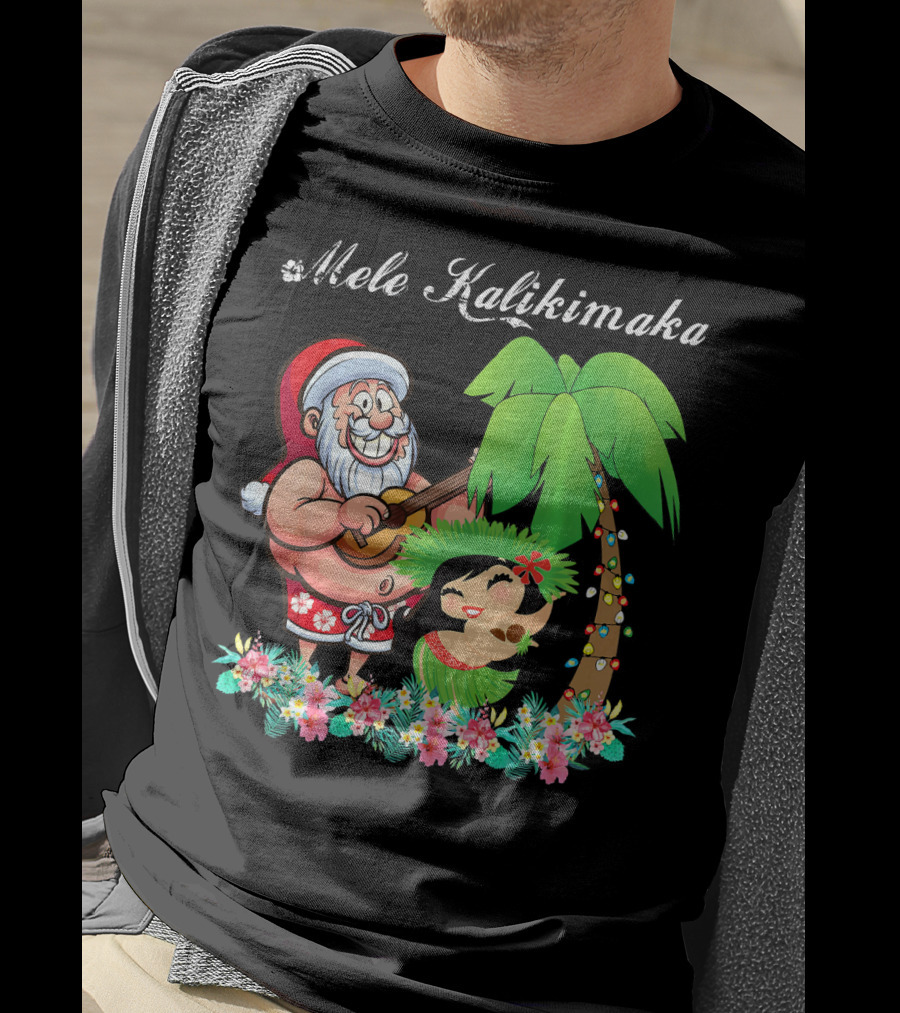 Mele Kalikimaka Christmas Santa Hawaii With Hula Dancer And Palm Tree T-Shirt