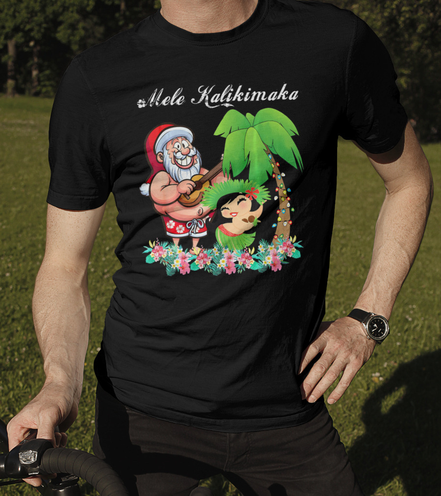Mele Kalikimaka Christmas Santa Hawaii With Hula Dancer And Palm Tree T-Shirt