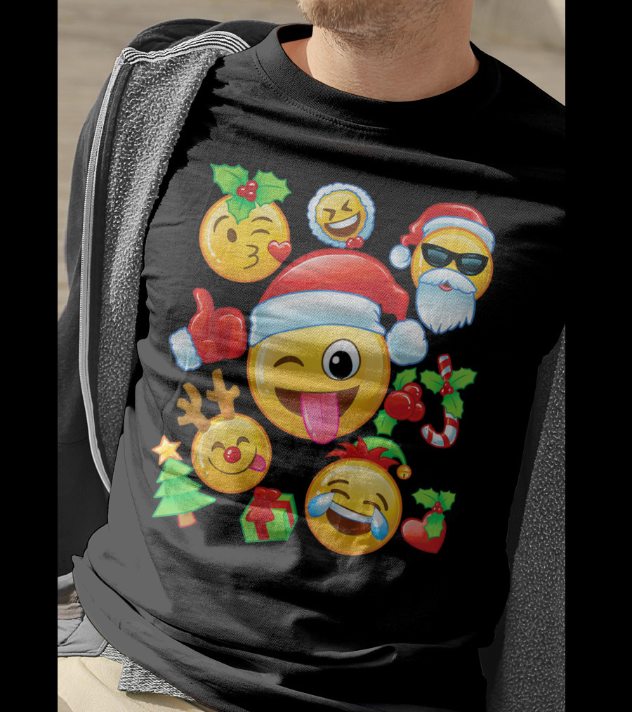 Santa Emoji Christmas Fun With Reindeer Candy Cane Gifts And Holly T-Shirt