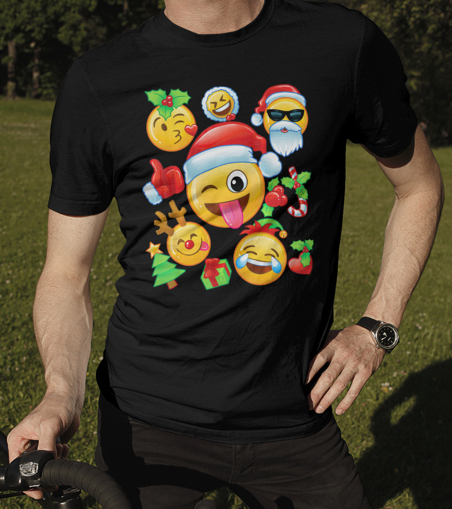 Santa Emoji Christmas Fun With Reindeer Candy Cane Gifts And Holly T-Shirt