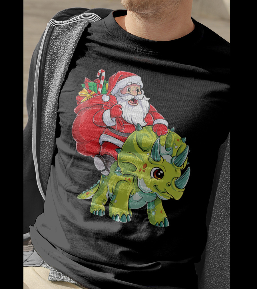 Santa Riding Triceratops Dinosaur Christmas Boys Santa Tric T-Shirt