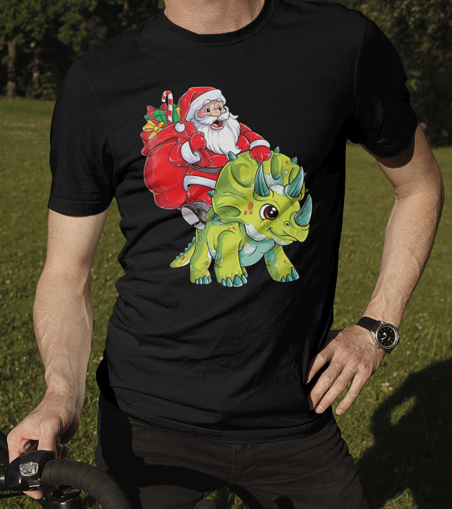 Santa Riding Triceratops Dinosaur Christmas Boys Santa Tric T-Shirt