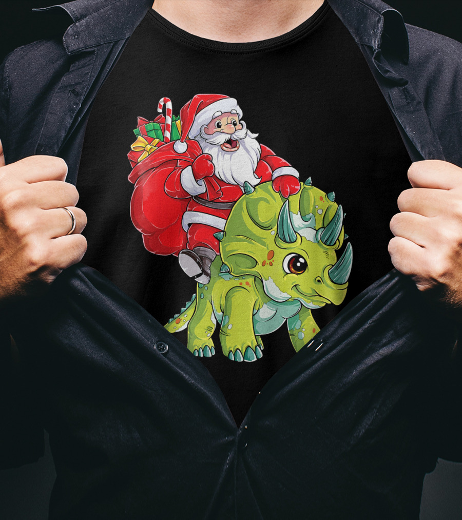 Santa Riding Triceratops Dinosaur Christmas Boys Santa Tric T-Shirt