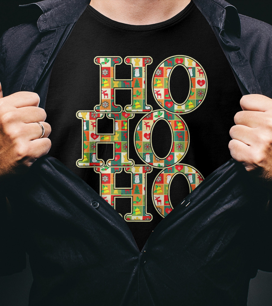 HoHoHo Funny Christmas Santa Patchwork Reindeer Snowman Ornaments T-Shirt