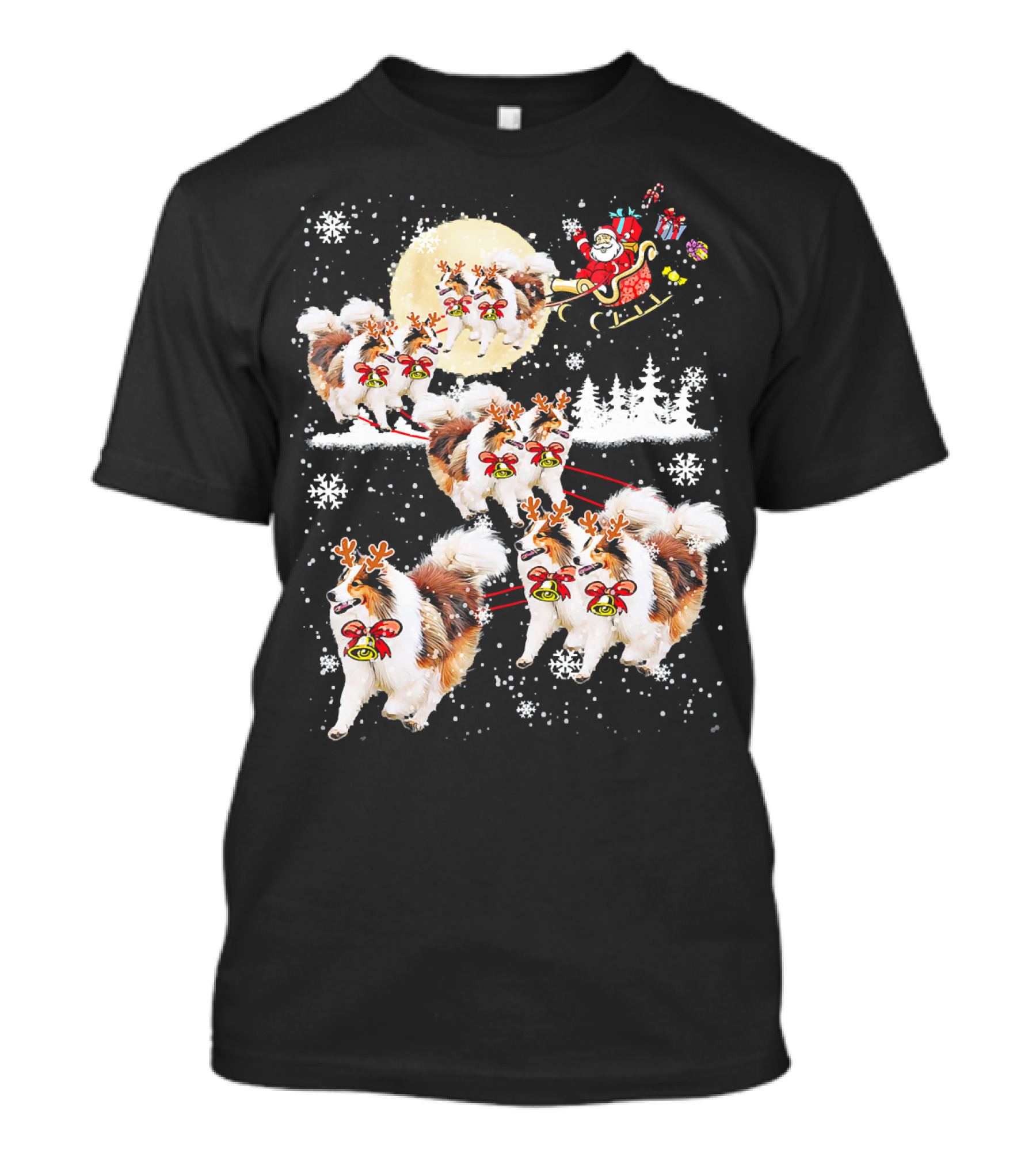 Sheltie Reindeer Christmas Nice Dog Santa Sleigh Moon Snowflakes T-Shirt