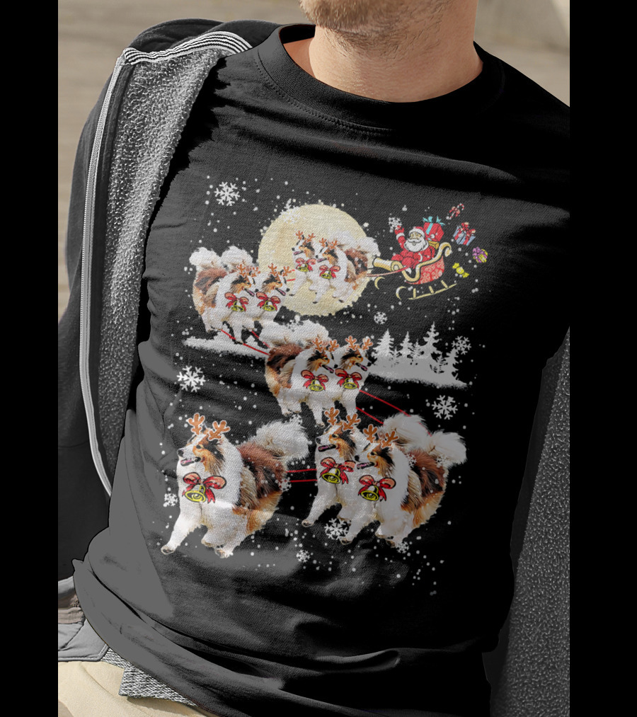 Sheltie Reindeer Christmas Nice Dog Santa Sleigh Moon Snowflakes T-Shirt