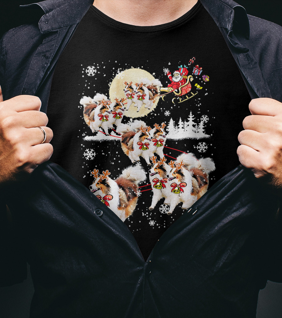 Sheltie Reindeer Christmas Nice Dog Santa Sleigh Moon Snowflakes T-Shirt