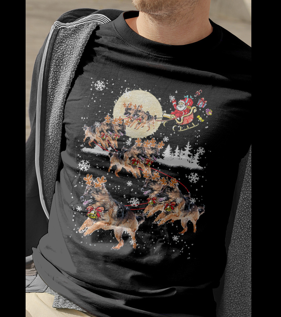 Santa Sleigh German Shepherd Reindeer Christmas Snowflakes Moon T-Shirt