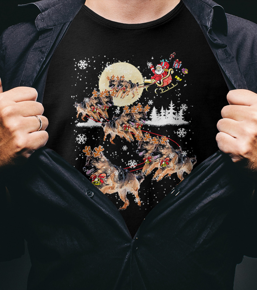 Santa Sleigh German Shepherd Reindeer Christmas Snowflakes Moon T-Shirt
