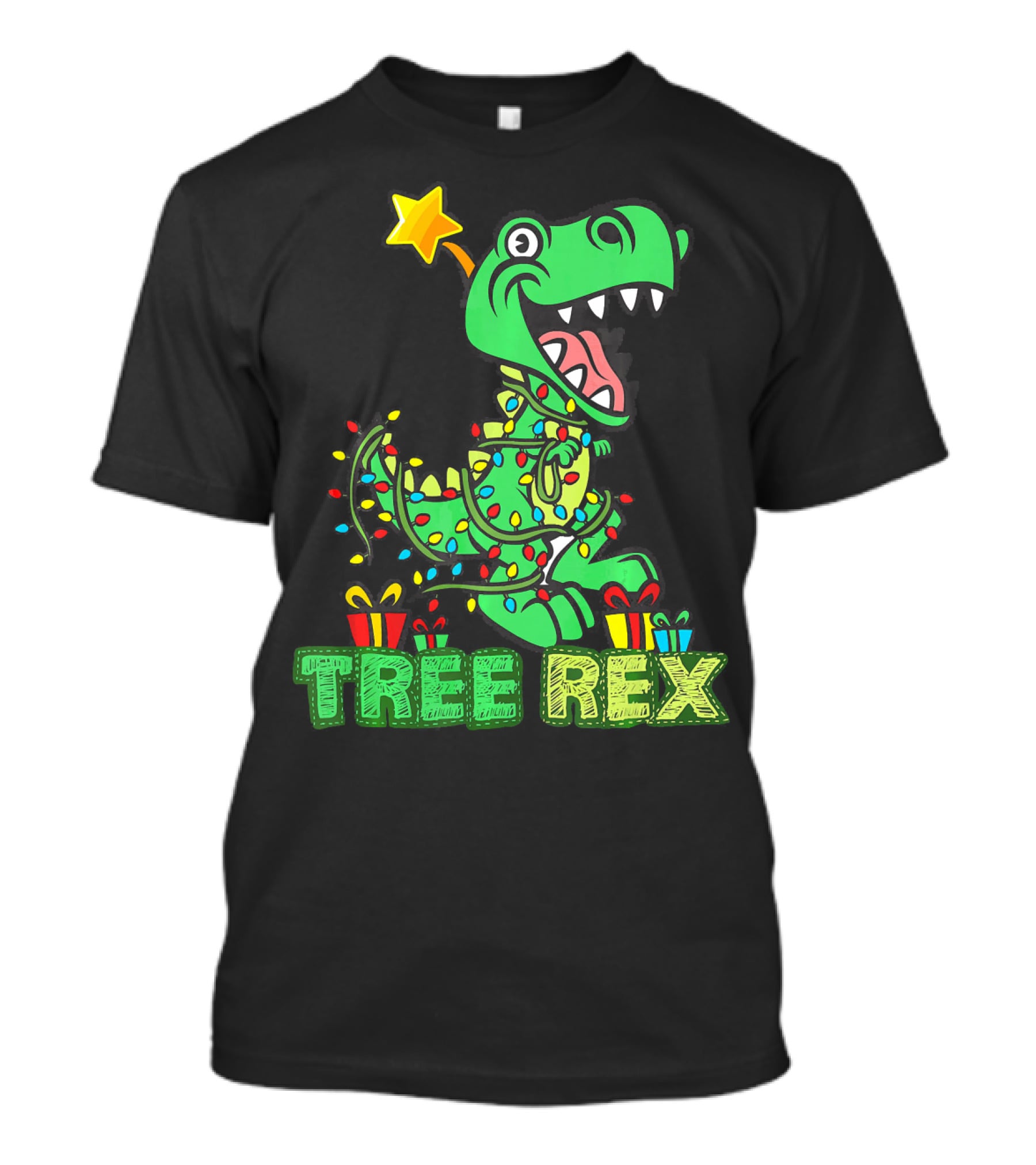 Tree Rex Dinosaur Wrapped In Christmas Lights With Presents And Star T-Shirt