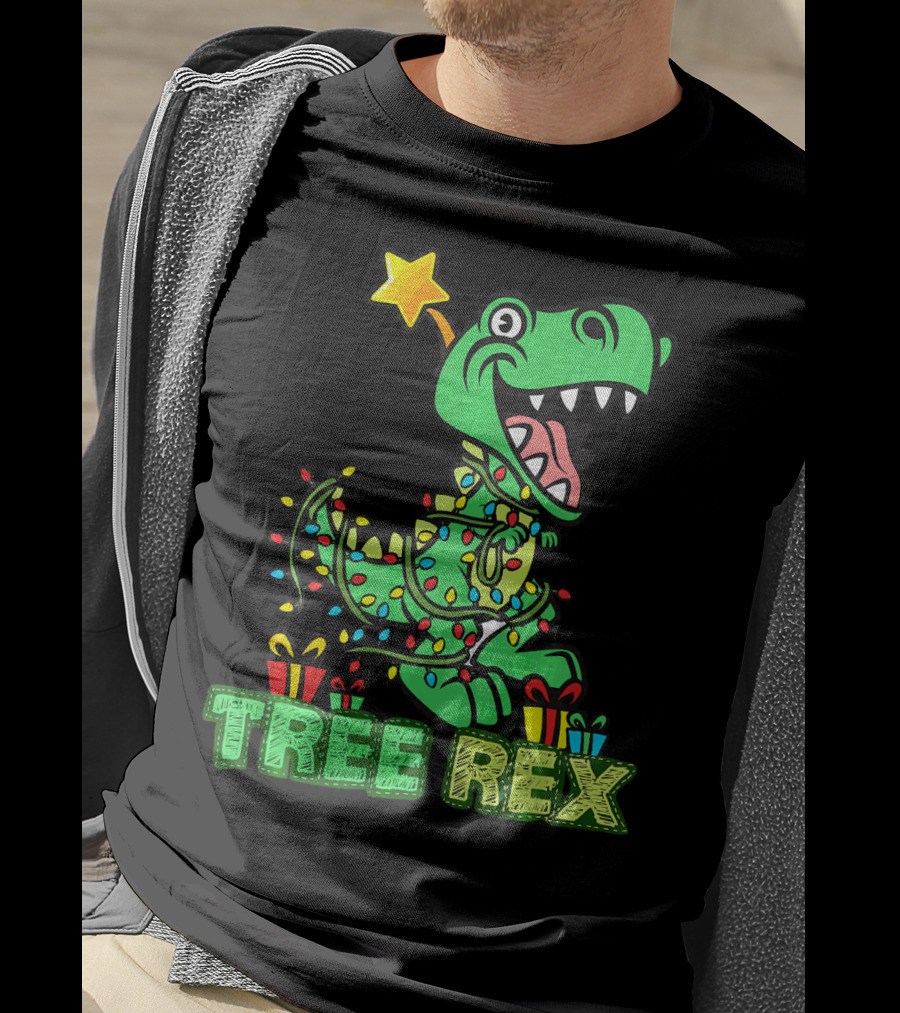 Tree Rex Dinosaur Wrapped In Christmas Lights With Presents And Star T-Shirt