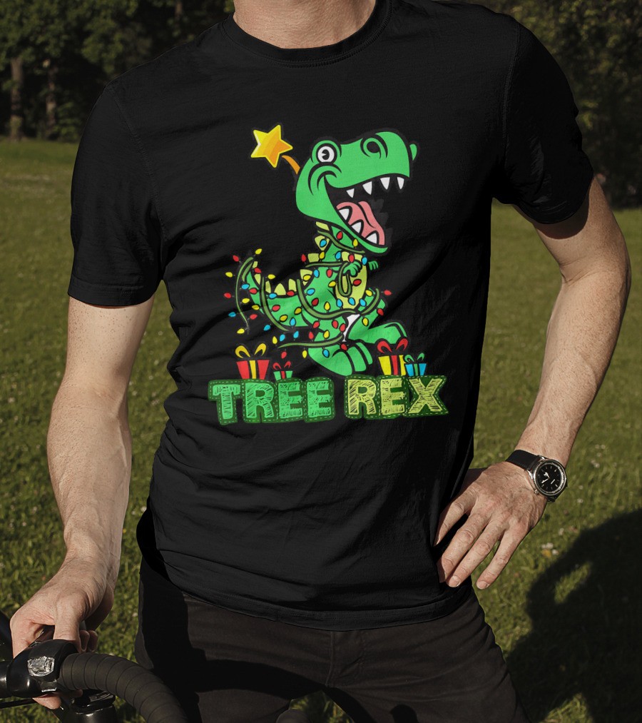 Tree Rex Dinosaur Wrapped In Christmas Lights With Presents And Star T-Shirt