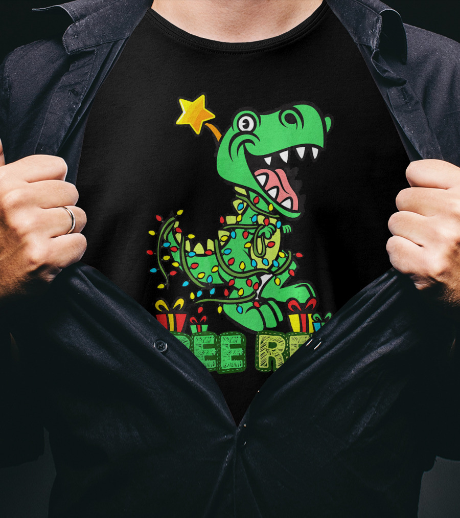 Tree Rex Dinosaur Wrapped In Christmas Lights With Presents And Star T-Shirt