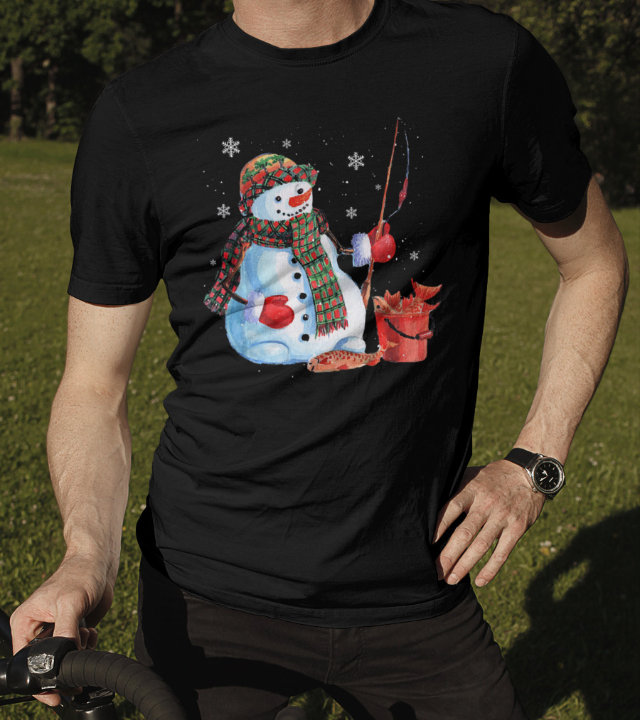 Merry Christmas Snowman Fishing With Fish And Snowflakes T-Shirt