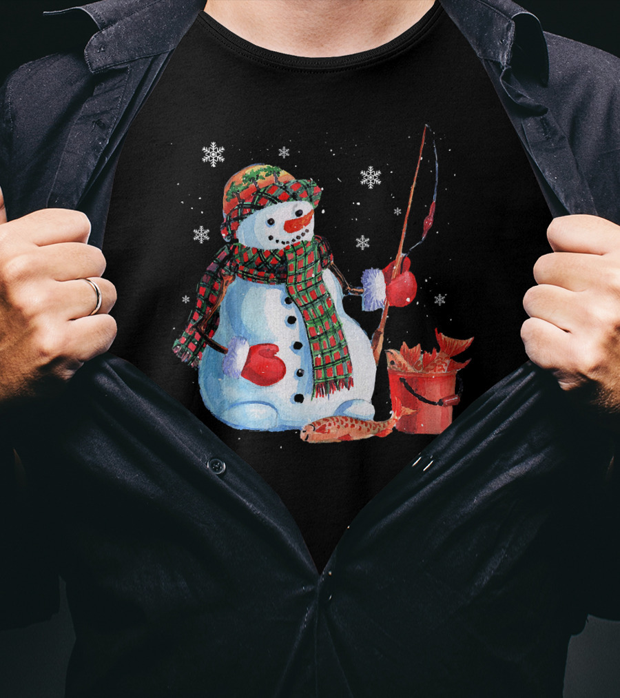 Merry Christmas Snowman Fishing With Fish And Snowflakes T-Shirt
