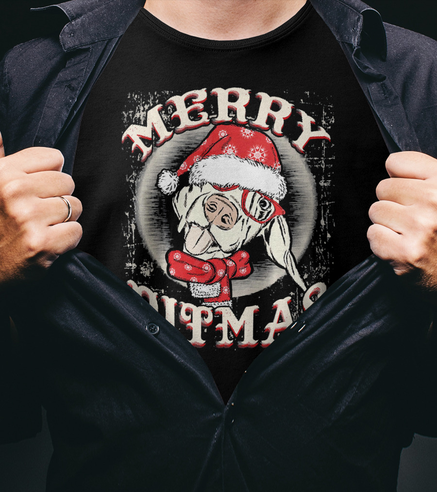 Merry Pitmas Santa Hat Festive Dog T-Shirt