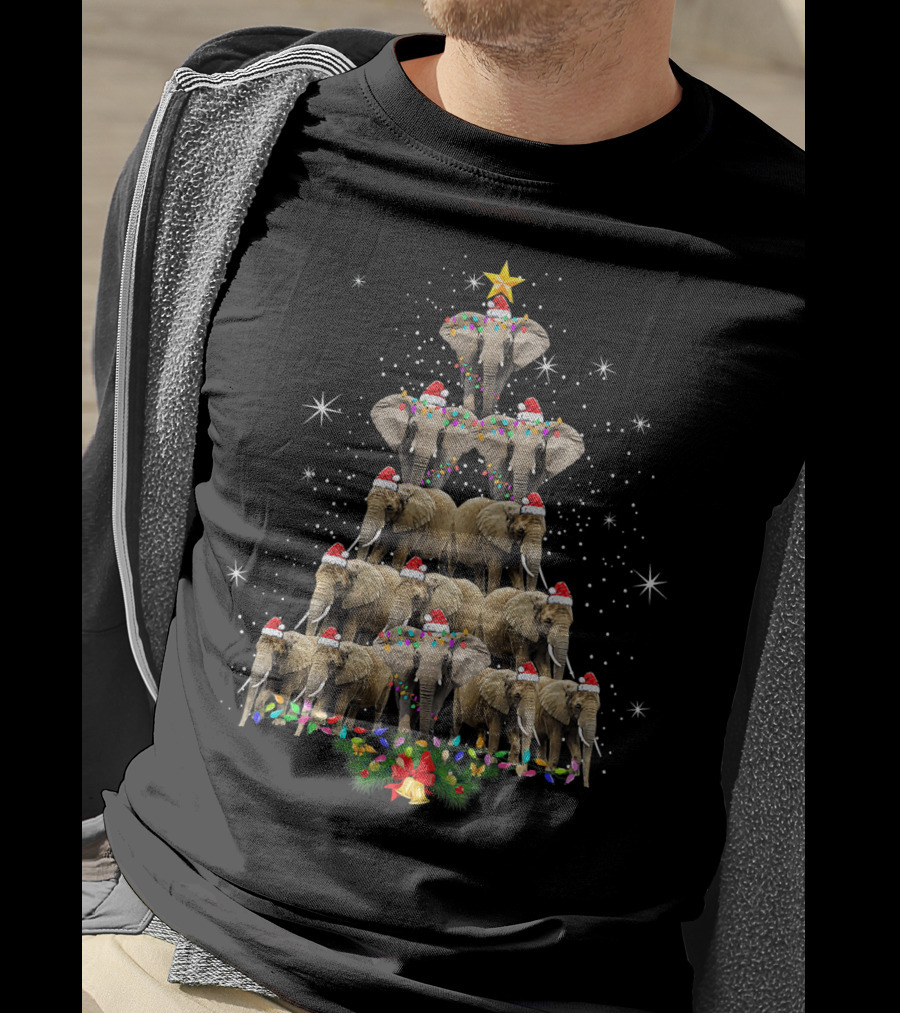 Elephant Christmas Tree Merry Xmas Eleph Santa Hat Star Lights Holiday T-Shirt