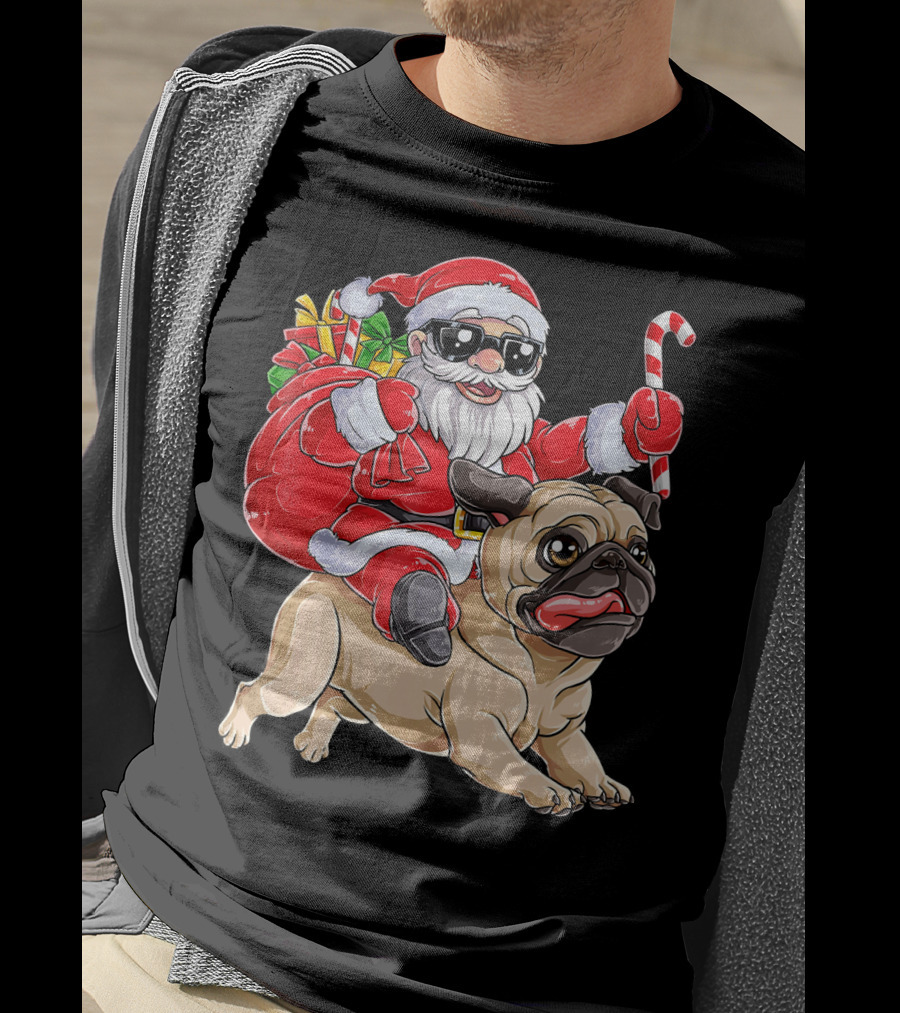 Santa Claus Riding Pug With Candy Cane And Gifts T-Shirt