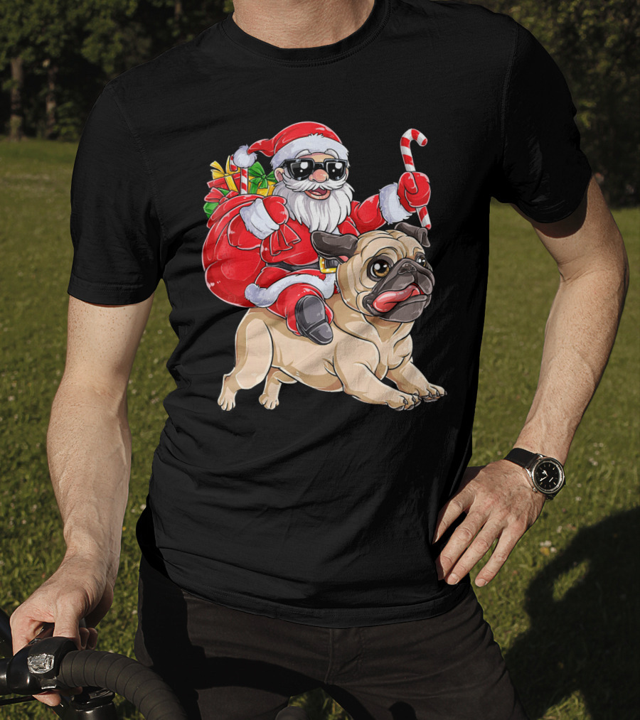 Santa Claus Riding Pug With Candy Cane And Gifts T-Shirt