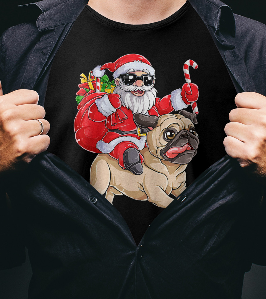 Santa Claus Riding Pug With Candy Cane And Gifts T-Shirt
